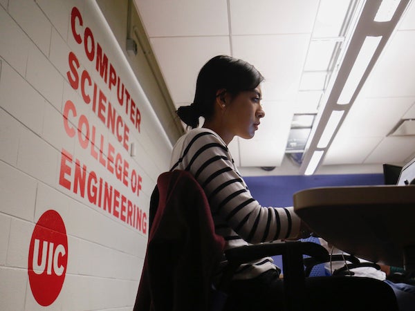 student working independently in the computer science lounge