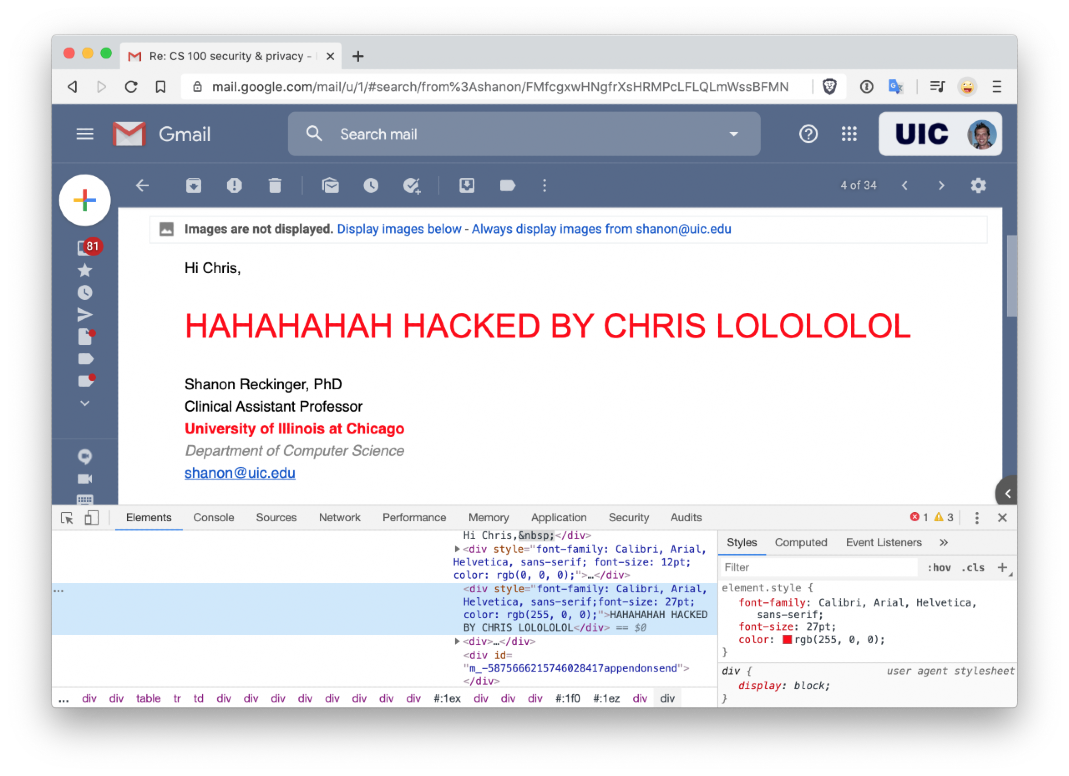 Chris Kanich demonstrates how he appeared to hack the email of instructor Shanon Reckinger
