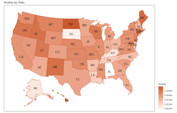 The anxiety level of people in college towns related to the COVID-19 pandemic, measured by the language used in tweets