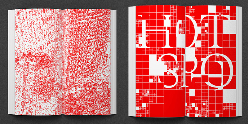 Two book spreads, featuring modern layouts mostly in colors of red and white, designed by UIC students
