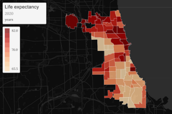 A map of life expectancy in Chicago shows health disparities across the city. (Image: Chicago Health Atlas)